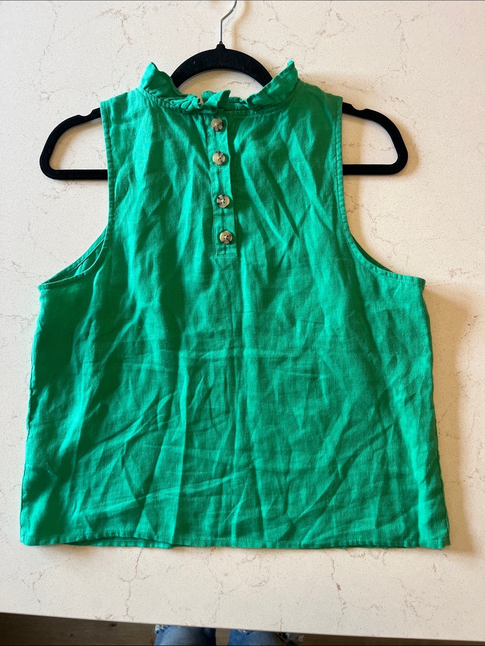 J. Crew Linen Emerald Ruffle Mock Neck Sleeveless Top - Picture 3 of 6
